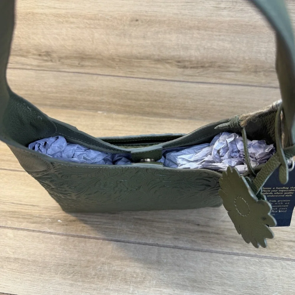 Genuine Tooled Leather Floral Shoulder Bag Hobo Dark Green Charm India Brooklyn